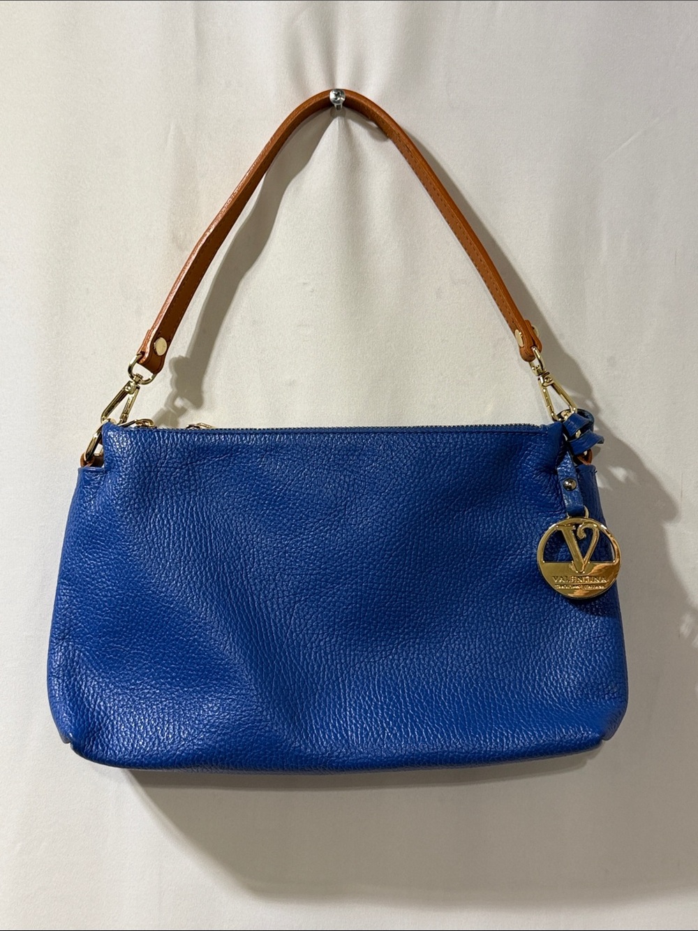 Valentina Bold Blue Leather Crossbody with Tan Logo Patch
